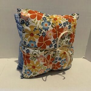 Throw pillow set. 12”x12”. Handmade. Blue florals and checks